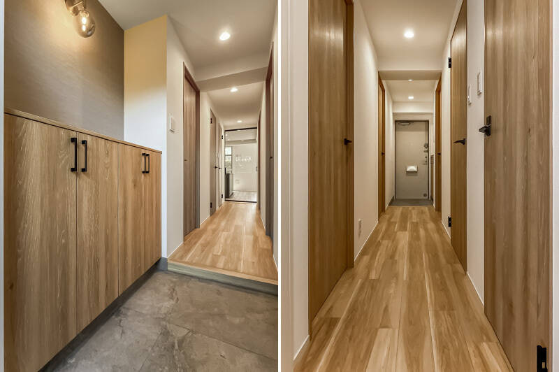 まずは玄関まわりから。洋室や水まわりには、すべて廊下からアクセスする間取りです。