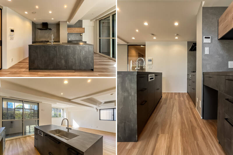 LDKの主役は、スタイリッシュなⅡ型キッチン。ワークトップは重厚感のあるダークトーンでまとまっており、家具のような佇まいです。