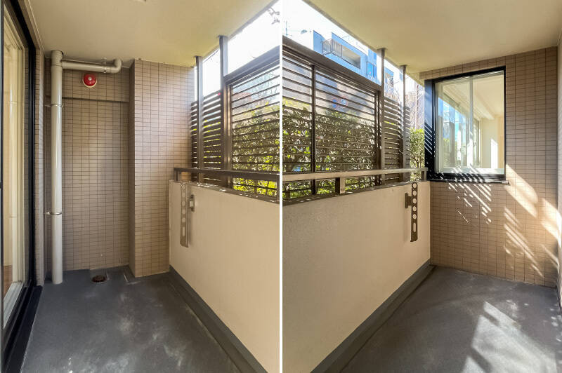 LDKから出入りできる、南向きのバルコニー。目隠しの柵と生け垣があり、外からの視線を遮ってくれます。