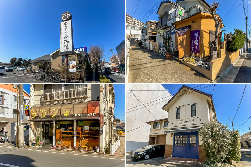 <b>左上・</b>ご紹介したマンションと同じ通り沿いにある「むさしの森珈琲 杉並井草店」。広い店内でゆったりとした時間を過ごせます。（徒歩2分）／<b>右上・</b>「コウラボシ」は焼き菓子とケーキのお店。実家を改装したという店舗でひとつひとつ焼き上げるお菓子は、どれも素朴なやさしい味わいです。（徒歩3分）／<b>左下・</b>老舗ベーカリー「フジノキ」。昔ながらの惣菜パンやサンドイッチが並びます。（徒歩5分）／<b>右下・</b>「BEAU GARÇON （ボー・ギャルソン）」は、ランチタイムのみ営業する一軒家ビストロ。マダムが腕をふるう家庭的なフレンチをリーズナブルにいただけます。（徒歩8分）