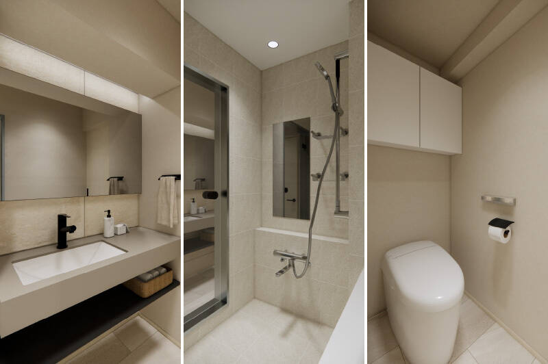 <b>左・</b>素材選びにこだわった、ホテルライクな質感の洗面台。/<b>中央・</b>浴室は在来工法で新設し、躯体の形状を活かした造りに。/<b>右・</b>トイレには洗面室からアクセスする間取り。コロンとしたシンプルなタンクレスタイプを設置します。