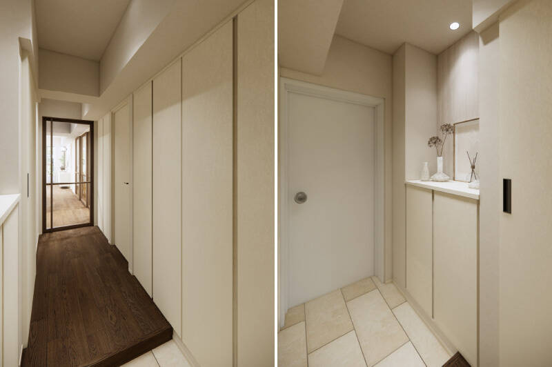 最後に玄関まわり。玄関扉を背にして右手にはシューズボックスを、左手にはトールサイズの収納を設けます。