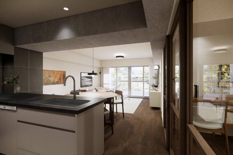 約17.5帖のLDK。南東向きのバルコニーに面する大きな窓から、穏やかな光が差し込みます。