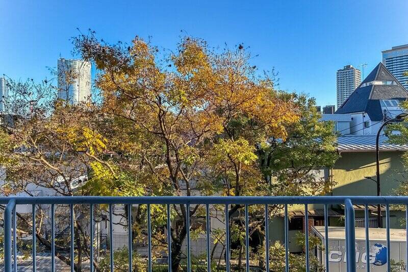 南東向きのバルコニー。正面には街路樹の緑が目にやさしく映り、その向こうにはビルと空が見えます。