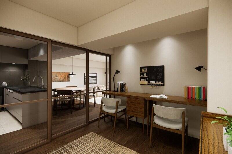 LDKと洋室Bの間には、オリジナルの格子建具を設置。ガラス越しに光と気配を通すことで、空間を分断せず、つながりながら仕切ることを目指します。