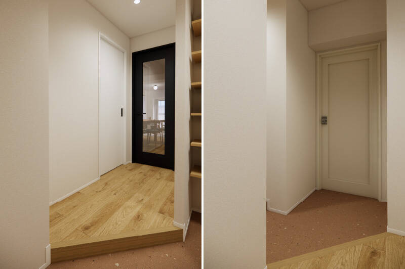 ここからはCGイメージでご紹介します。玄関扉を開けると、上がり框(かまち)が斜めにカットされた印象的な土間が。角度があることで、視覚的にも広さを感じやすい設計です。