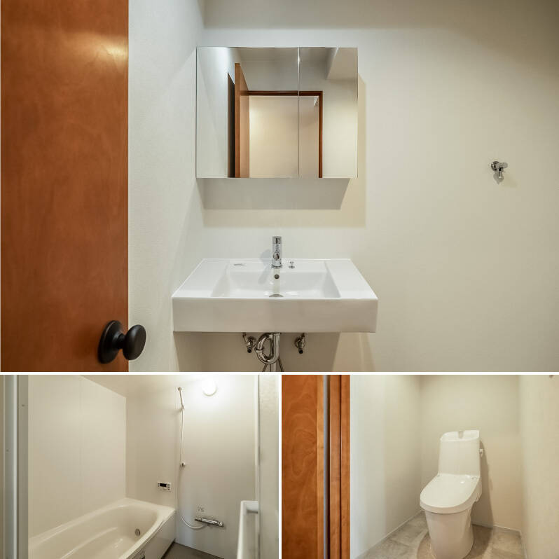 バス、洗面、トイレはいずれもミニマルな設え。このすっきりとした見た目を保ちつつ、いかにして収納を増やすかが住み手の腕の見せ所です……！