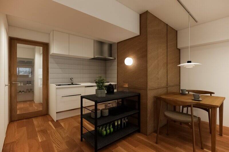 また、このCGのように配置を変えて、ダイニングテーブルを壁側に寄せるのもひとつ。カウンターテーブルを置いて、キッチンを中心に使うレイアウトも楽しめます。