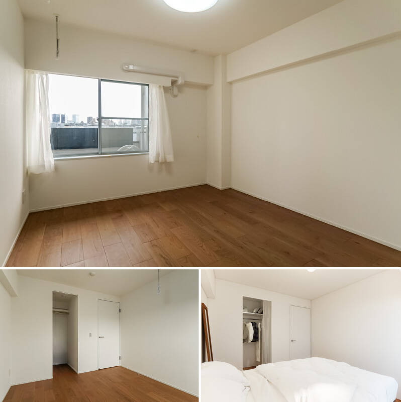 <p><b>上・</b>LDKと同じく南向きのバルコニーに面しています。/<b>左下・</b>居室内にはウォークインクローゼット(WIC)が備わっています。スーツケースなど大きな物も収納することができそうです。/<b>右下・</b>CGイメージではダブルベッドを配置。それでも左右にゆとりがあるので、サイドテーブルなども置けそうです。WICの入口には、カーテンレールを設置しているので、物が増えてもカーテンでさっと目隠しができますよ。</p>