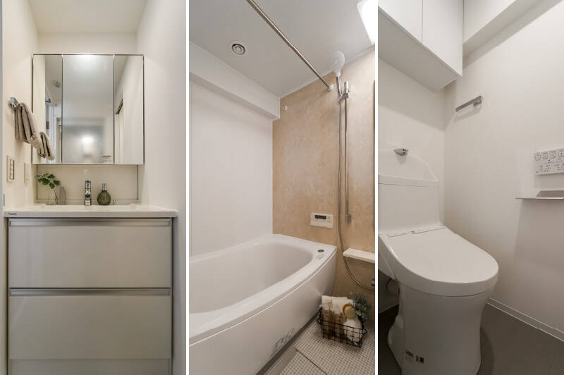 <b>左・</b>洗面台は白を基調としたデザイン。/<b>中央・</b>バスルームは1216サイズです。/<b>右・</b>トイレは洗面室からアクセスします。