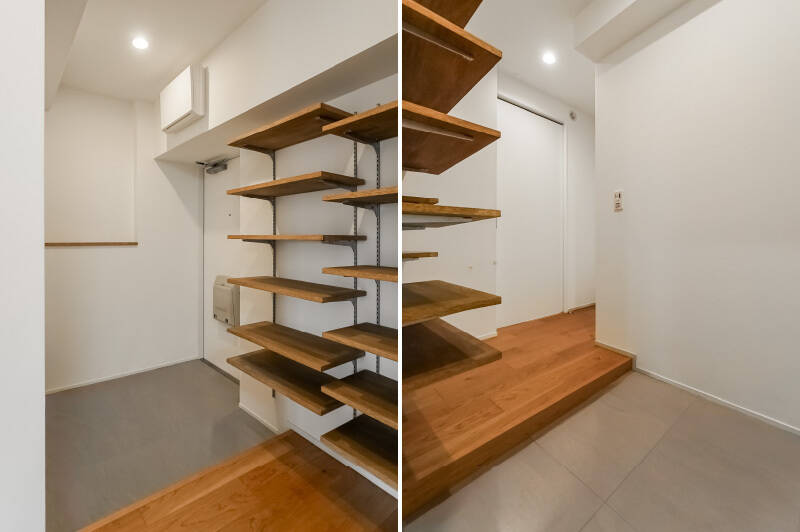 土間スペースにゆとりがあり、住戸の入口が広いため、お部屋全体にもゆったりとした印象が広がります。靴の収納は高さに合わせて調整できる可動棚を採用しています。