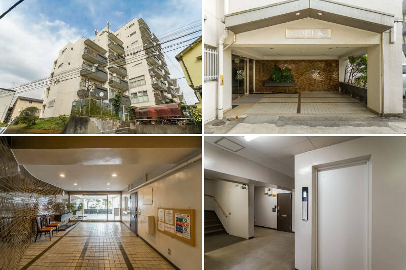 <b>左上・</b>1970年竣工、総戸数46戸。戸建て住宅が多く建ち並ぶ閑静なエリアに建ち「初台」駅からは徒歩10分です。/<b>右上・</b>ゆとりある広さのシンプルなエントランス。/<b>左下・</b>エントランス脇には管理人室があるため防犯面は安心◎ 管理人さんは月・火・木・金と第2土曜日の8:00〜16:00まで勤務されています。/<b>右下・</b>住戸が所在する4階のエレベーターホールです。奥に見えているのが、今回の住戸の玄関扉。すぐにエレベーターに乗れる距離感がうれしいですね。