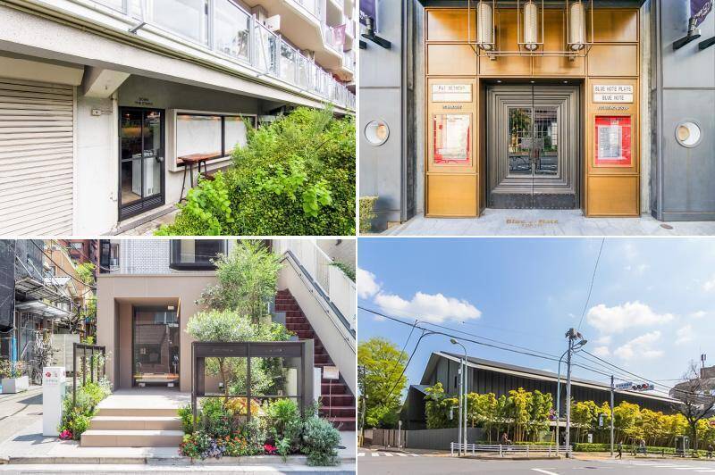 <b>左上・</b>「DOWN THE STAIRS(ダウン ザ ステアーズ)」は、セレクトショップ・ブランド「ARTS&SCIENCE(アーツ&サイエンス)」がプロデュースしたカフェ。お料理はもちろん、内装やカトラリー、食器までさすがのセレクトで随所にセンスが溢れるお店です。(徒歩2分)/<b>右上・</b>言わずと知れた名門ジャズ・クラブ「BLUE NOTE TOKYO(ブルーノートトーキョー)」もすぐそばに。夜が待ち切れない!(徒歩4分)/<b>左下・</b>「UN GRAIN (アングラン) 」は、ミニャルディーズ(ひとつまみサイズのお菓子)専門の個性的なパティスリー。手土産やホームパーティーの一品にぜひ。(徒歩7分)/<b>右下・</b>日本庭園が美しい「根津美術館」。モダンながら和の息吹を感じる敷地内は、歩くだけでも優雅な気持ちに。カフェスペースも併設しています。(徒歩2分)