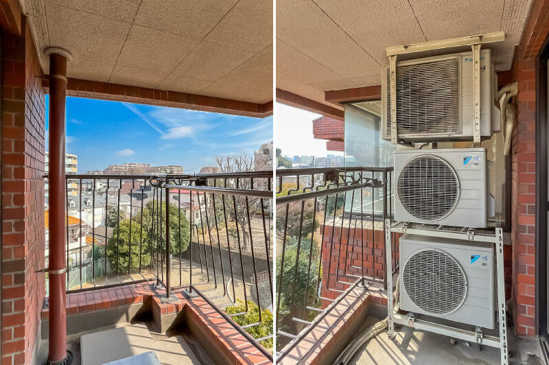 やっぱり外観のタイルがレトロチックで可愛らしい。バルコニーには物干し金具がついています。