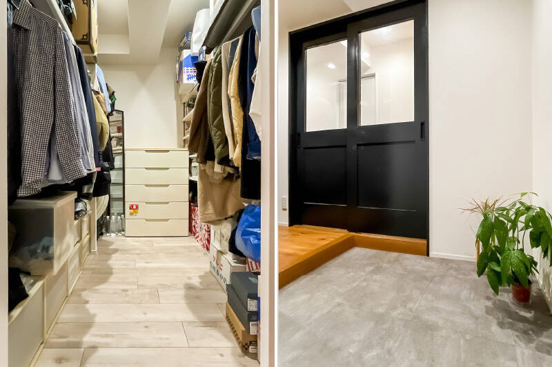 <p><b>左・</b>こちらは玄関の近くに位置するウォークインクローゼット（WIC）。両側には、ハンガーパイプと枕棚が完備されています。右奥には可動棚も備わっており、収納物に合わせてフレキシブルに活用できるところが◎ ／<b>右・</b>写真には写っていませんが、ゆとりのある玄関土間の左手にはシューズインクローゼット（SIC）が設けられており、L字型に可動棚が備わっています。</p>