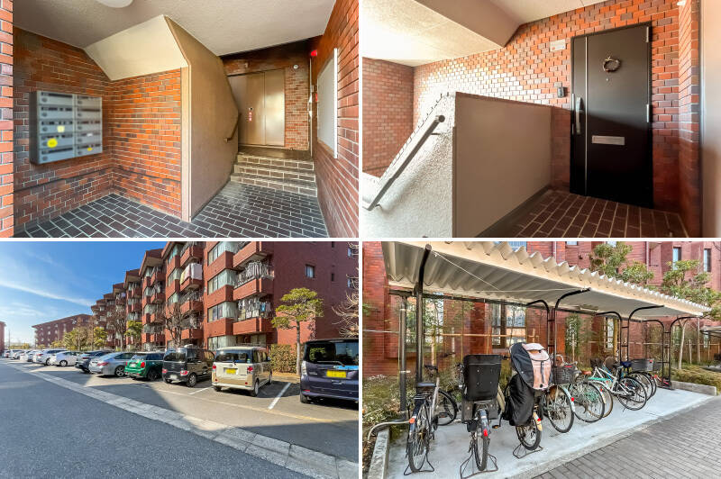 <b>左上・</b>該当住戸のあるエントランス。住戸によって使用階段が分かれており、かつワンフロアに2住戸のため、プライバシーが確保されています。／<b>右上・</b>今回ご紹介した住戸は5階に位置します。エレベーターはありませんが、毎日の階段は未来への健康投資。最上階だからこその天井高は、階段を上った方だけが味わえる特権ですね。／<b>左下・</b>敷地内には平面駐車場があり、幅2500mm、長さ5000mm以下の車種が駐車可能です。最新の空き状況はお問い合わせください。／<b>右下・</b>自転車置き場も完備。「西船橋」駅までは少し距離があるので、自転車を使用するのも便利です。