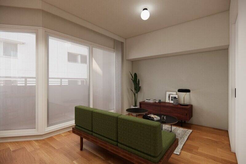 こちらはリビング側。グレーの壁紙が空間にアクセントを与えています。どんな家具にも合わせやすい色味なのがうれしい。