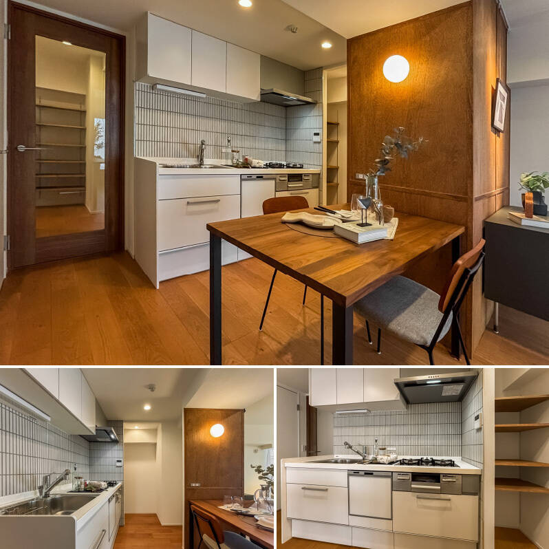 ボーダータイルがアクセントの、白とステンレスを基調としたすっきりとした印象のキッチン。食洗機も完備しています。