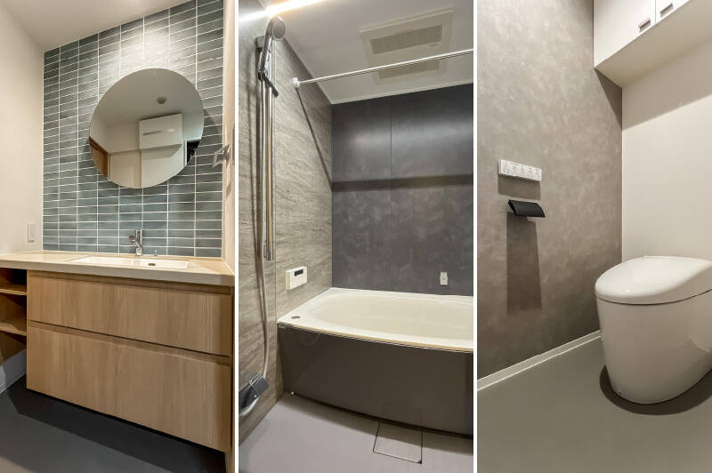 <b>左・</b>円形のミラーがアクセントになった洗面台。タイル貼りの壁が可愛らしく、身支度の時間を特別なものにしてくれそう。／<b>中央・</b>落ち着いたトーンのユニットバス。浴室暖房乾燥機付きです。／<b>右・</b>トイレはスッキリとした印象のタンクレスタイプ。吊り戸棚付きで、収納力も確保しています。