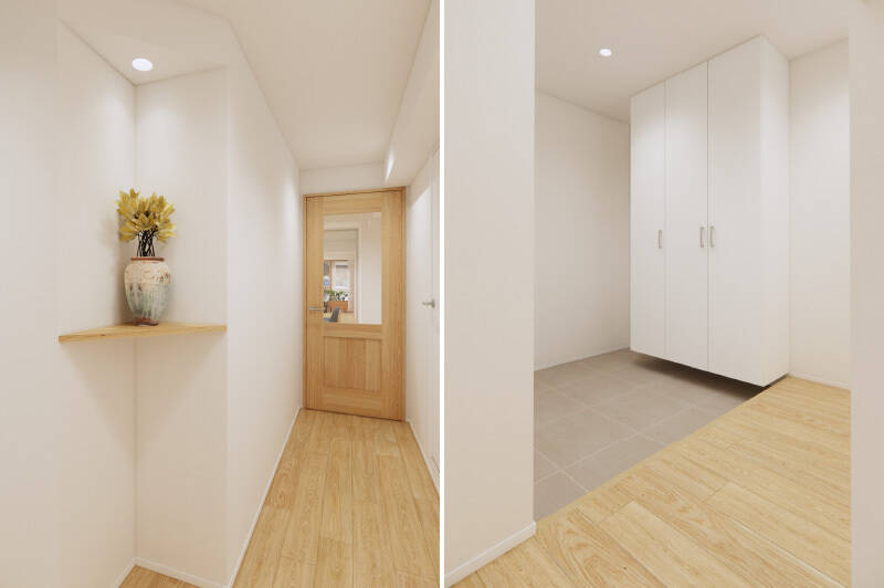 ここからは、CGイメージでご紹介します。玄関まわりから、100㎡超の専有面積を活かしたゆとりを感じる設計です。