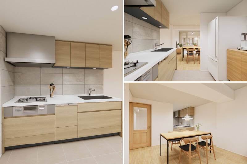 <p><b>左・</b>キッチンは3口コンロタイプで食洗機付き。/<b>右上・</b>背面には冷蔵庫置き場と並べて、カップボードを設置できるスペースがあります。/<b>右下・</b>リビングダイニングから視線が届きづらい位置に調理家電を収納できるため、生活感を抑えられますよ。</p>