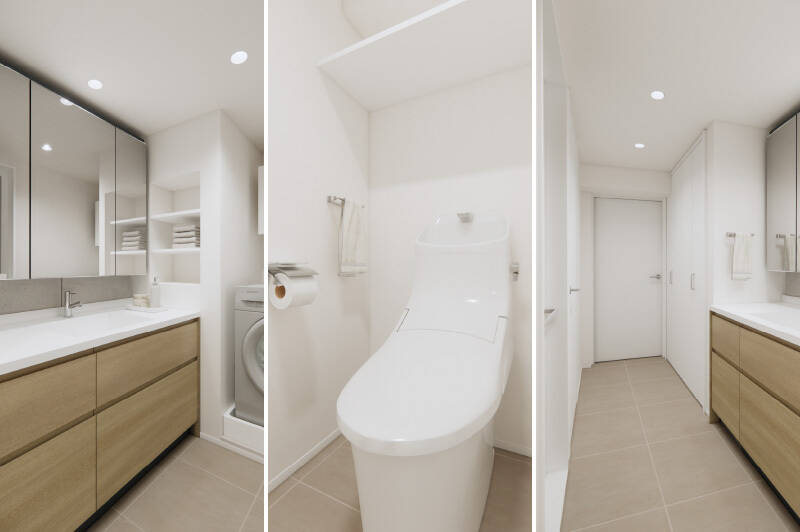 <p><b>左・</b>カウカモオリジナルの洗面台。ややワイドなカウンターは、朝の忙しい時間帯にパートナーと並んで準備をするのにも十分な広さです。/<b>中央・</b>トイレは洗面室からアクセスする間取り。シンプルなデザインで、上部にはオープン収納が備わっています。/<b>右・</b>再び洗面室。タオルやパジャマなどのリネン類を収納できる、クローゼットを設置します。</p>