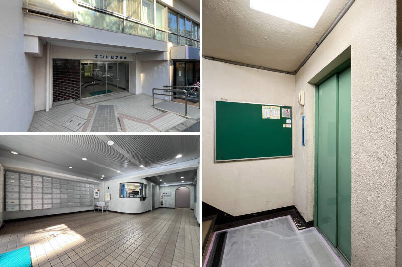 <b>左上・</b>エントランスは青梅街道沿いに。/<b>左下・</b>広々とした共用ロビー。宅配ボックスが備わっています。/<b>右・</b>エレベーターの扉は淡いグリーンでちょっとレトロな印象です。