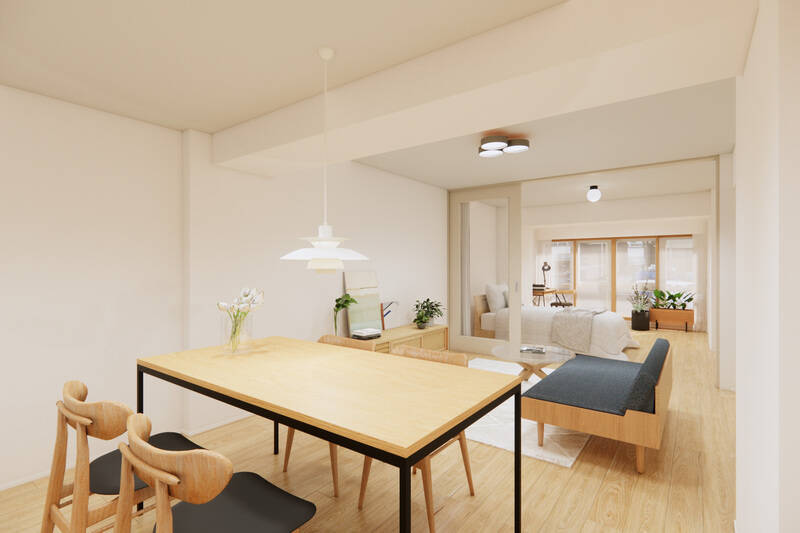 約17.3帖のLDK。隣接する洋室Aのガラス建具を通して、南西向きの窓から自然光が差し込みます。