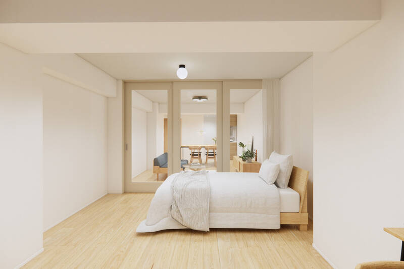 建具を閉めていても視線が抜け、広がりを感じられる設計。さらに、カーテンを引くと……?