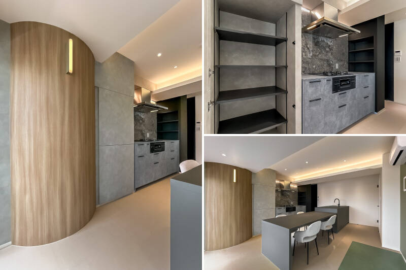 <b>左・</b>壁と一体化したグレーの扉を開けると……？／<b>右上・</b>内部は可動棚付きの収納になっており、食器類をすっきりと収納可能。／<b>右下・</b>少し離れて見ると、空間と馴染んでいるのがよくわかります。