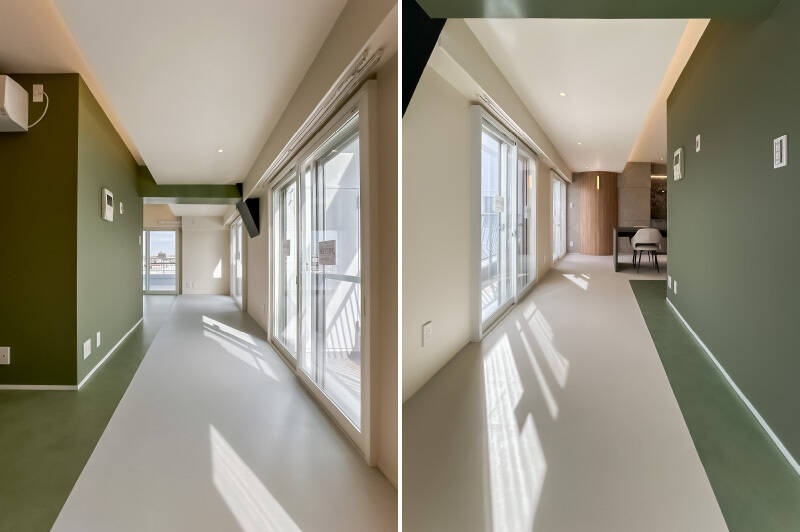 ダイニング〜リビングの動線は少し細くなっており、通路のようなスペースが生まれています。