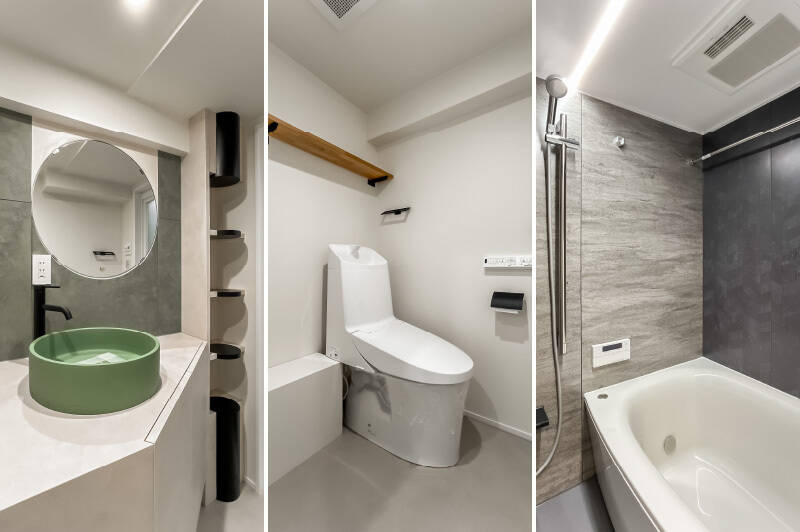 <b>左・</b>変型のカウンターと丸いミラーとボウルを組み合わせた、ユニークなデザインの洗面台。／<b>中央・</b>トイレは廊下からアクセスする間取り。／<b>右・</b>ユニットバスは1317サイズを採用しており、足を伸ばして入浴できます。