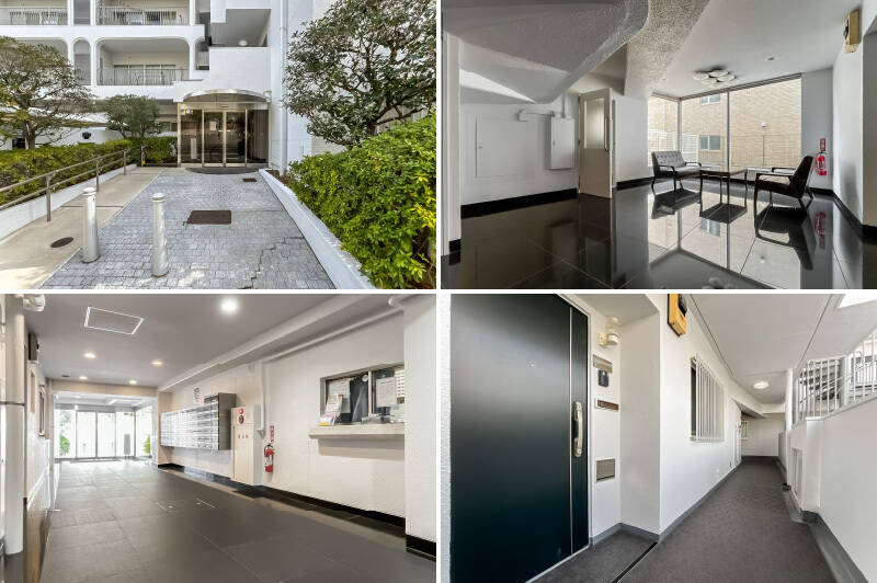 <b>左上・</b>植栽で彩られたエントランス。オートロックを完備しています。／<b>右上・</b>応接スペースを設えた共用ロビー。／<b>右下・</b>管理人さんは週5日間、日中に勤務されています。／<b>右下・</b>ご紹介したのは、8階に所在する角住戸です。