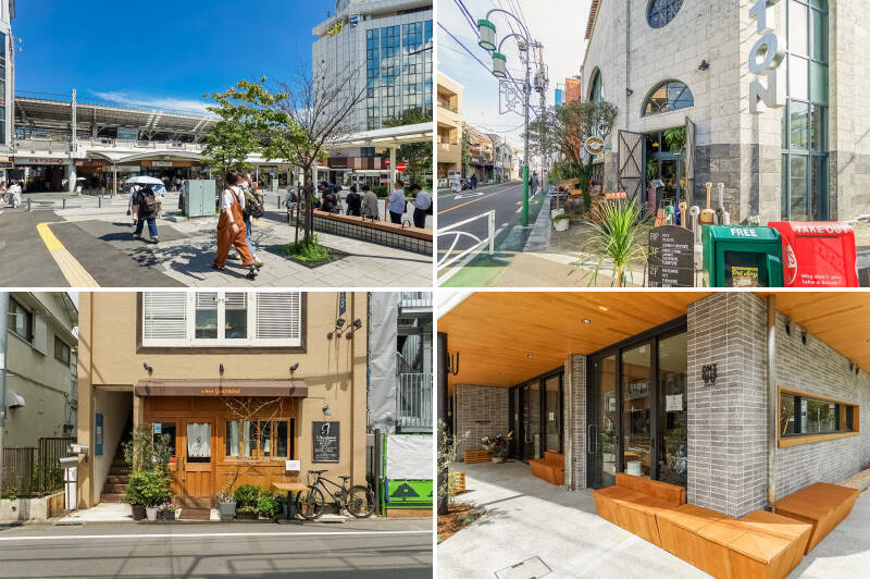 <b>左上・</b>ご紹介した物件は、最寄りの「自由が丘」駅からわずか徒歩6分。この街を愉しみ尽くせる立地です。／<b>右上・</b>インテリアショップ「DULTON（ダルトン）自由が丘店」では、インダストリアルな雑貨や観葉植物が揃います。（徒歩3分）／<b>左下・</b>フランスや数々の国内有名店で働いてきたシェフが腕を振るう「Le Monde Gourmand（ル モンド グルマン）」もご近所。（徒歩2分）／<b>右下・</b>「ONIBUS COFFEE（オニバスコーヒー）自由が丘店」。フードメニューも絶品なので、ぜひ週末のモーニングを狙って。（徒歩2分）