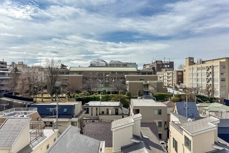 外に出てみると、建物周辺は低層の戸建てが並ぶエリア。そのため眺望もすっと抜けています。少し先に見えるのは「国士舘中学校・高等学校」の校舎です。