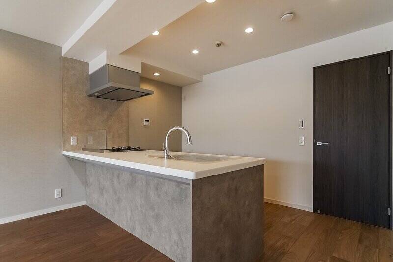 キッチンはオープンタイプなので家族との会話もしやすそう。右奥の扉は玄関へと続いており、買い物帰りも荷物をスムーズにキッチンへ運べます。