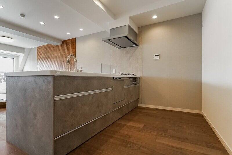 食洗機、浄水器一体型水栓も完備。水栓はグースネックの曲線が美しいですね。大きいお鍋も洗いやすそう。