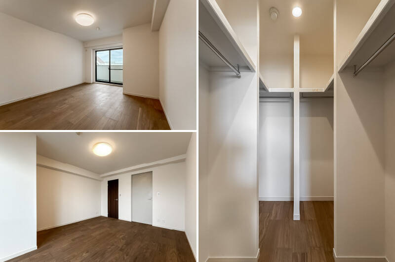 <p><b>左上・</b>北東向きのバルコニーに面した洋室Aは、洋室の中でいちばん広さを確保しています。ベッドやデスクを置く以外にも、使い方の幅が広がりそうですね。／<b>左下・</b>ダークブラウンの扉の先はウォークインクローゼット（WIC）に。出入り口の扉は広さに応じて設置が義務付けられている防火仕様です。既存の扉に塗装を施しています。／<b>右・</b>WICの中は想像以上の奥行き……！しっかり収納できそうです。</p>