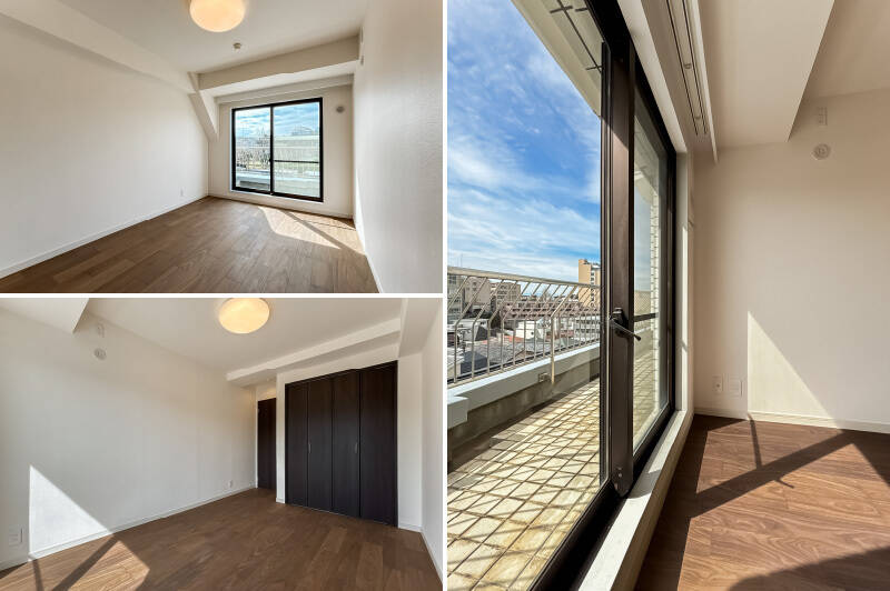 LDKと同じ南西向き。折れ戸2枚分のクローゼットが備わっています。日当たりがよく、室内から望む空も気持ちのよい眺めです。