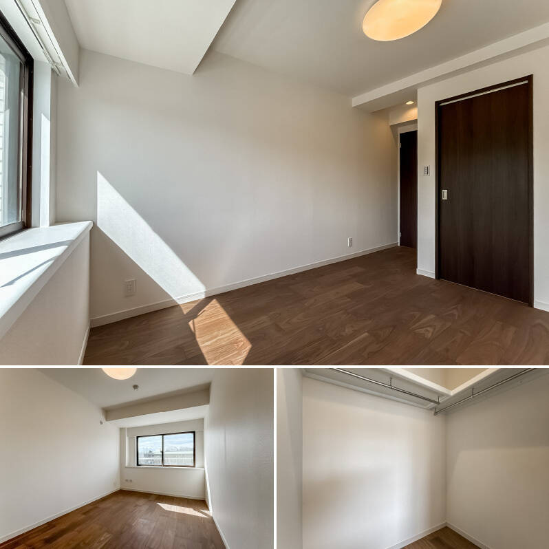 こちらもLDKと同じ南西向き。腰高窓にはちょっとした小物が置ける台があり、植物を置けば、気持ちよく育ってくれそう。WICも備わっています。