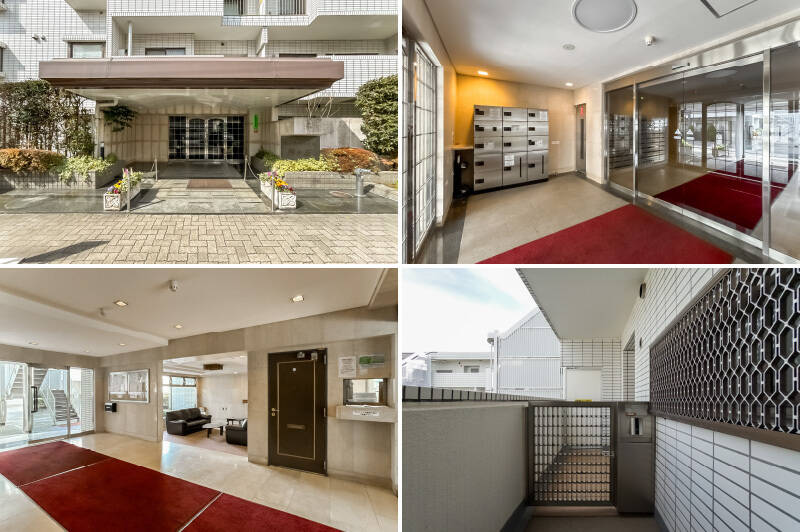 <p><b>左上・</b>花壇が迎えてくれるエントランス。／<b>右上・</b>オートロックと宅配ボックスを完備。／<b>左下・</b>エントランスホールには革張りソファのある、レトロな応接スペースも。共用部は清潔感ある印象です◎ ／<b>右下・</b>住戸はポーチ付き。玄関扉の前には門扉があり、プライバシーにも配慮されています。</p>