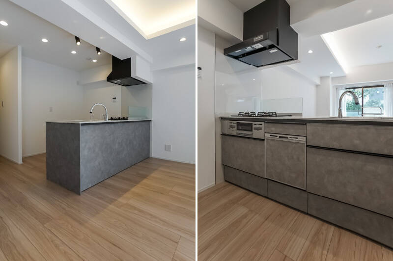 3口コンロ、食洗機が備わっています。キッチン正面はオープンになっているため、ダイニングへの配膳もスムーズに行えそうです。