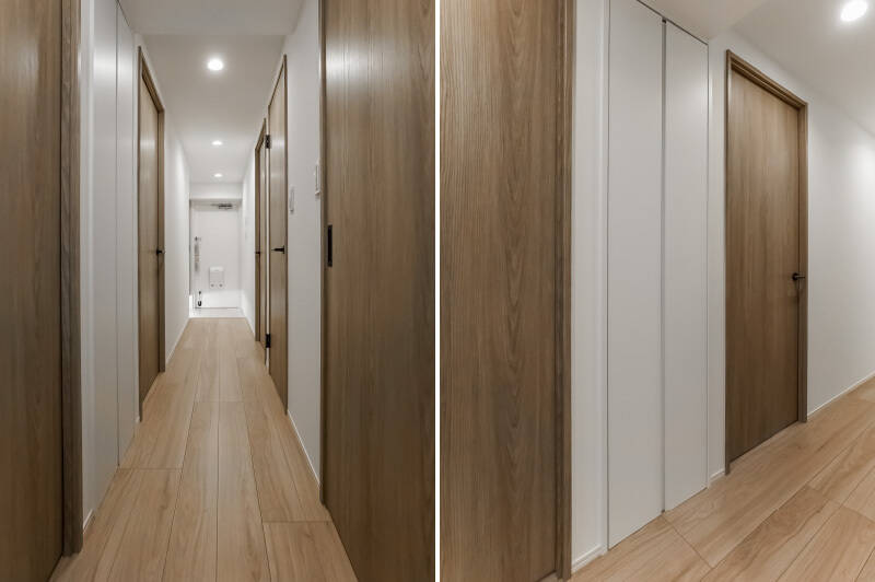 廊下からは各洋室、水まわりにアクセスできます。廊下の中ほどには収納が付いています。日用品の買い置きスペースにぴったり！