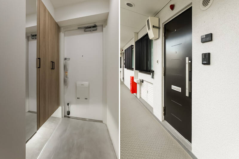 玄関にはミラー付きのシューズボックスが備わっています。足元のスペースにも物をしまうことができそうです。