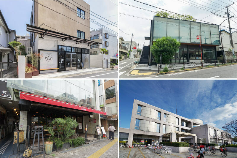 <b><b>左上・</b></b>コーヒーショップ「815 Coffee Stand（ハチイチゴ コーヒースタンド）」は、ガレージを改装したような開放感のある空間。おひとりさまでも、ご家族でも、心地よく過ごせるお店です。（徒歩4分）／<b><b>右上・</b></b>「OGAWA COFFEE LABORATORY（オガワ コーヒー ラボラトリー）桜新町」では、常時21種類以上のコーヒーとお食事を楽しめます。（徒歩10分）／<b><b>左下・</b></b>店内のピザ窯で焼かれたアツアツのピザをいただける「Cafe La Bohéme（カフェ ラ・ボエム）」。（徒歩10分）／<b><b>右下・</b></b>施設内にプラネタリウムがある「世田谷区立中央図書館」。定期的に読み聞かせやワークショップなどのイベントも開催しています。（徒歩7分）