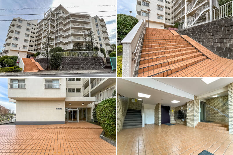 <b>左上・</b>1979年竣工、総戸数54戸。／<b>右上・</b>正面エントランスは階段の先に。建物の裏口までぐるっとまわればフラットにアクセス可能です。／<b>左下・</b>階段を上がるとゆったりとした広場が。／<b>右下・</b>ロビー内も広々。管理人さんは週5日間午前の勤務です。