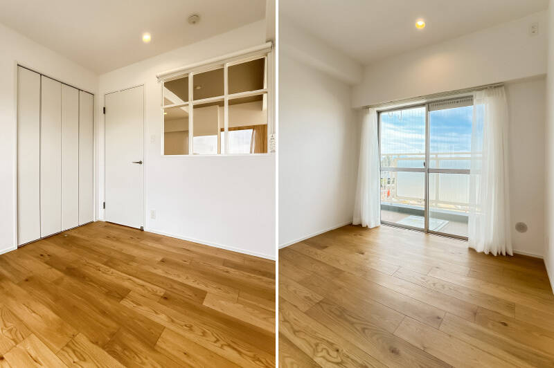 洋室BもLDKからアクセス。室内窓を通して家族の気配を感じられます。折れ戸2枚分の収納付きです。