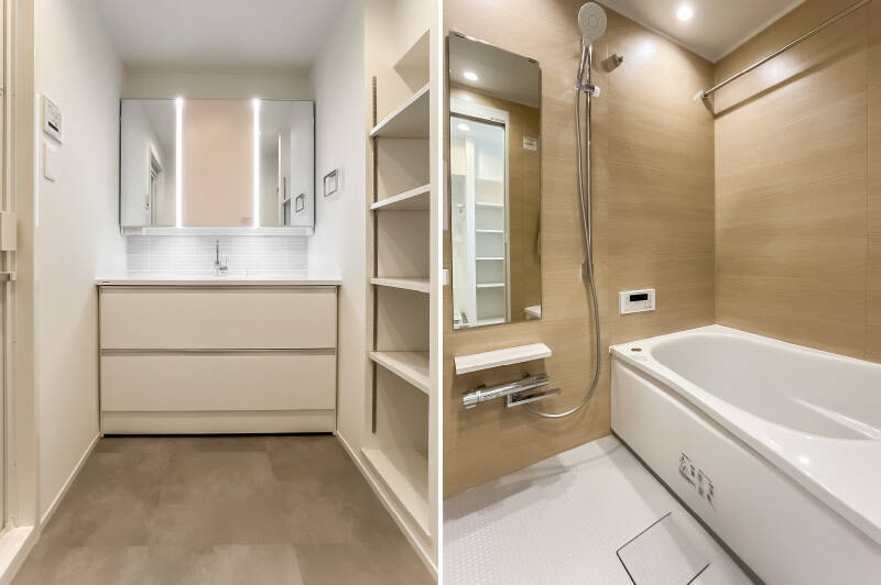 <b>左・</b>洗面室に洗濯機置き場と可動棚を設置。／<b>右・</b>1216サイズのユニットバスは、浴室乾燥機・追焚機能を完備。