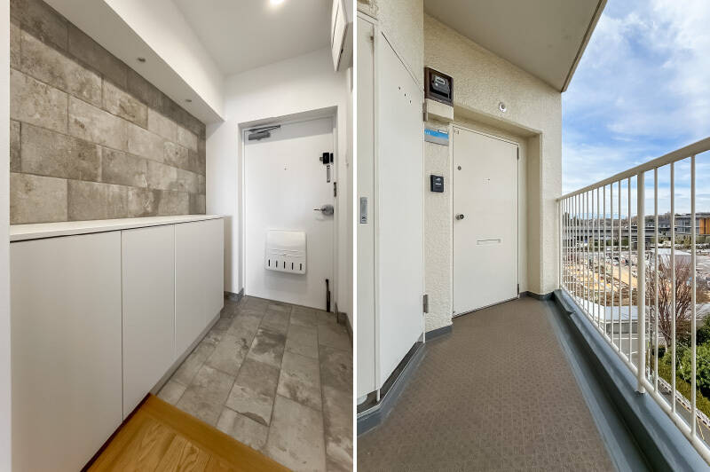 <b>左・</b>玄関は床と壁の一部にお揃いのタイルがあしらわれ、空間のアクセントに。腰高のワイドな靴収納を備えています。／<b>右・</b>住戸前の共用廊下からも空が望め、出勤時も清々しい気分になれそう。