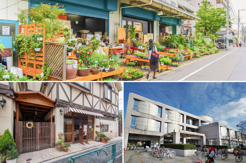 <p><b>上・</b>「ユー花園」は、切り花から鉢物まで、品揃え豊富な花屋。（徒歩13分）／<b>左下・</b>パン好きさんがわざわざ訪れる人気ベーカリー「ベッカライブロートハイム」。筆者のおすすめは栗がたっぷり入ったマロンパイです！（徒歩13分）／<b>右下・</b>「世田谷区立中央図書館」1階と地下に分かれる広い図書館には、PC作業も可能なワークスペースや雑誌コーナーも。施設内にはプラネタリウムもありますよ。（徒歩10分）</p>